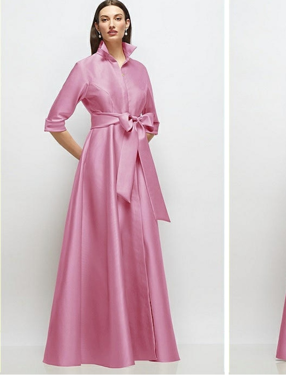 Dessy 3/4 SLEEVE SATIN SHIRT DRESS GOWN WITH SASH/ JEWELED BUTTONS IN PINK